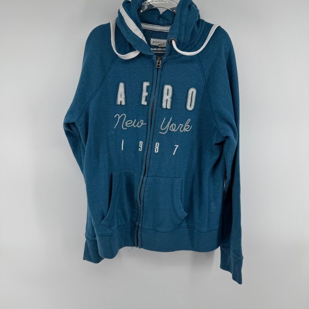 Aeropostale Teal Blue Zip Up Hoodie New York 1987 Graphic Sweatshirt Size S